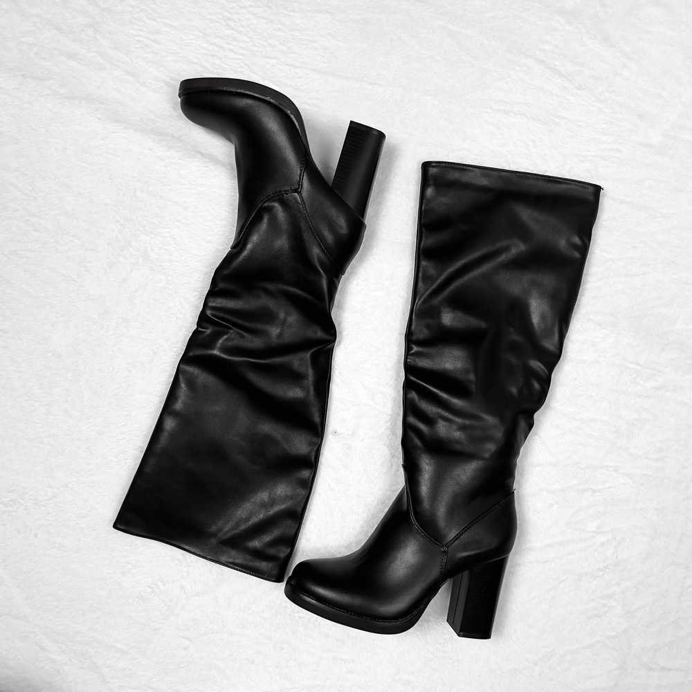 Black Knee High Block Heel Boots Slouchy Minimalist Boohoo NWT Size 9